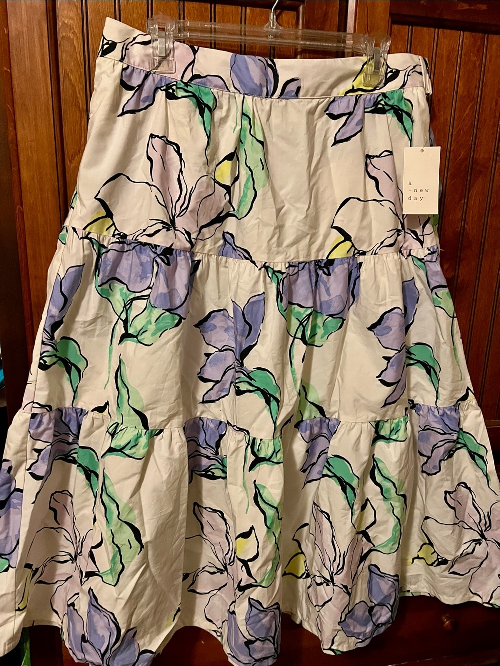 a new day White Tiered Skirt with Purple & Green Floral Print